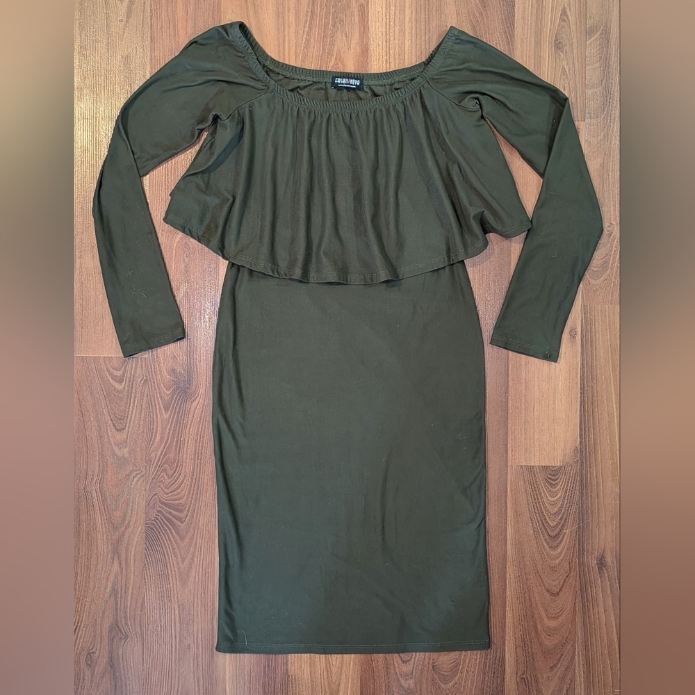 Olive Green Off-Shoulder midi Dress